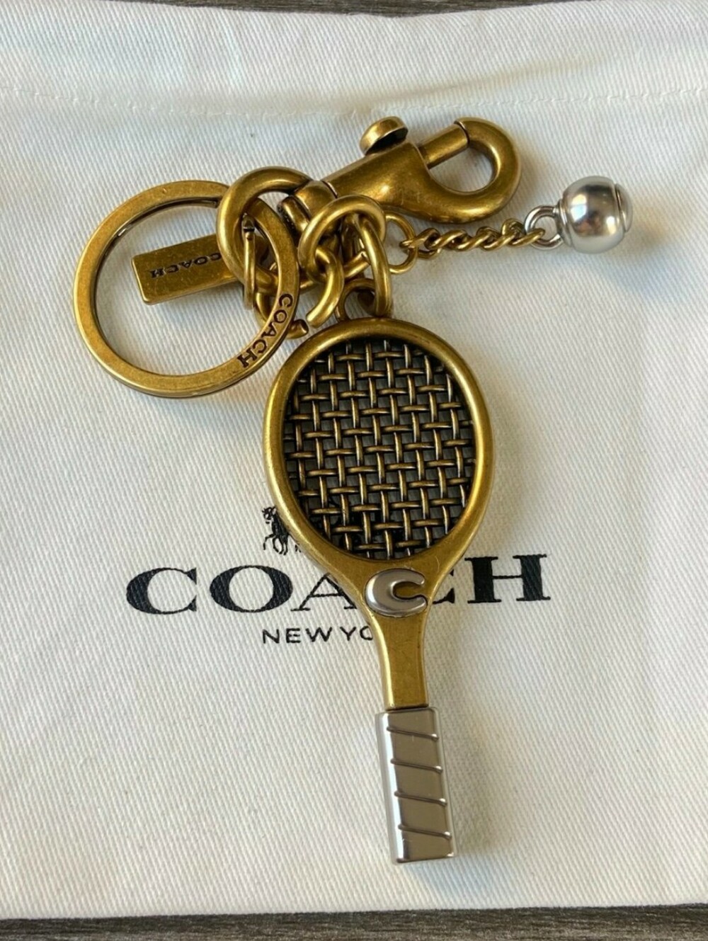 Coach Gold-Tone Tennis Racket Purse Charm / Keychain Silver Ball Accent w/ Dusty - Picture 2 of 5